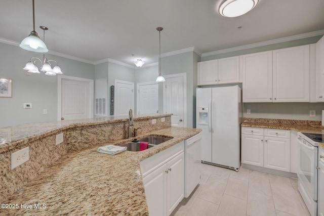 kitchen featuring white appliances, white cabinetry, a sink, and light stone countertops