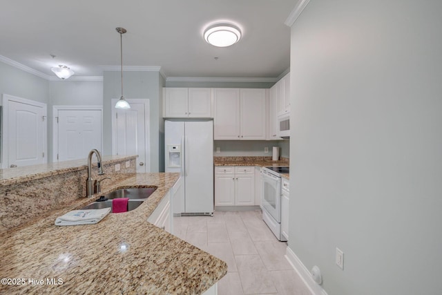 kitchen featuring white appliances, white cabinets, ornamental molding, light stone countertops, and a sink