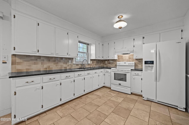 kitchen with white cabinetry, white appliances, and sink