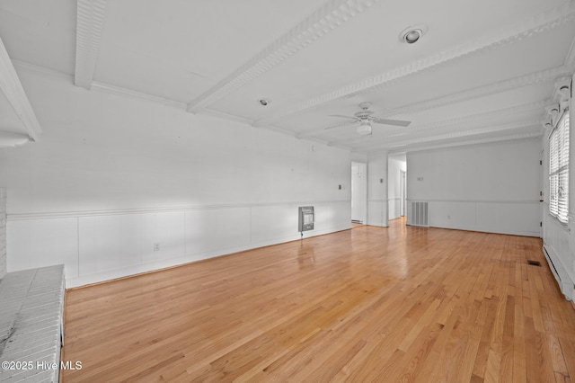 unfurnished living room with beam ceiling, light hardwood / wood-style floors, and ceiling fan