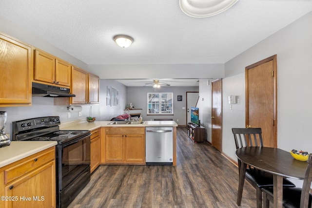 kitchen with dark hardwood / wood-style flooring, stainless steel dishwasher, kitchen peninsula, black range with electric stovetop, and a textured ceiling