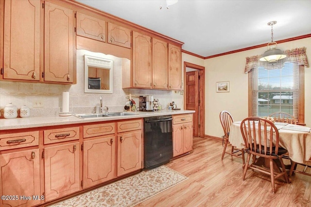 kitchen with sink, tasteful backsplash, light wood-type flooring, dishwasher, and pendant lighting