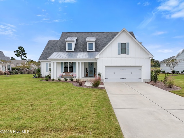 modern farmhouse with covered porch and a front lawn