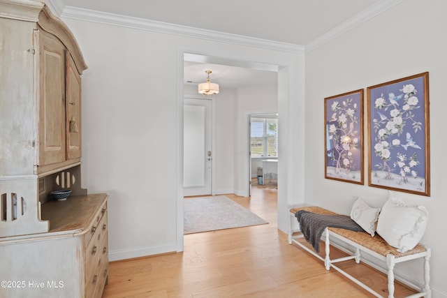 entryway with ornamental molding and light wood-type flooring