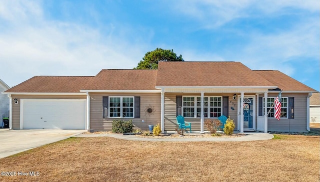 single story home featuring a garage and a front yard