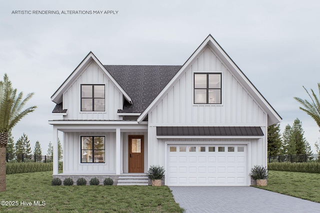 modern farmhouse featuring a garage and a front yard