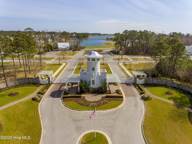 bird's eye view with a water view