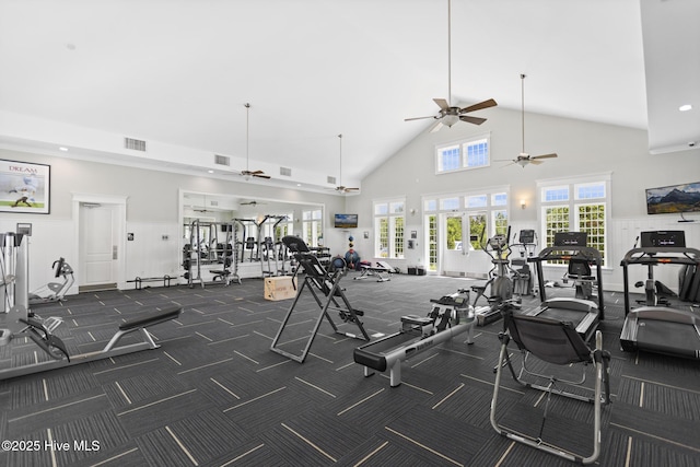 workout area featuring dark carpet and high vaulted ceiling