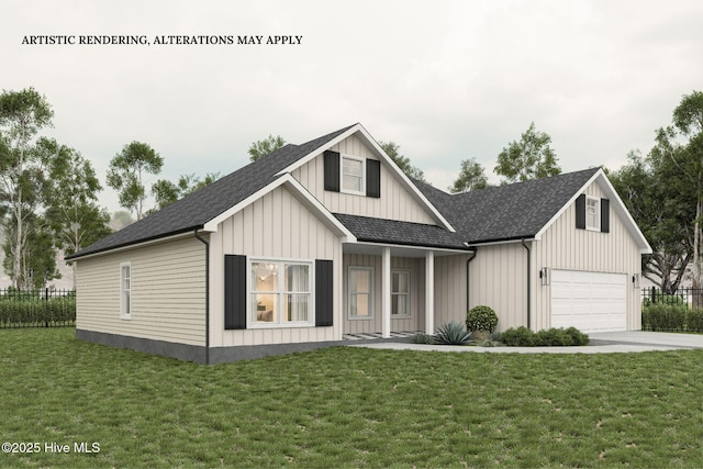 modern inspired farmhouse with concrete driveway, a front lawn, fence, and board and batten siding