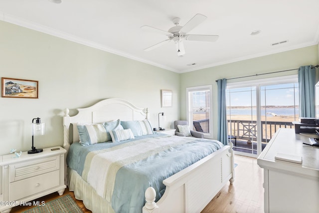 bedroom with access to outside, ornamental molding, ceiling fan, and light wood-type flooring