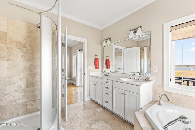 bathroom with vanity, tile patterned flooring, ornamental molding, and plus walk in shower