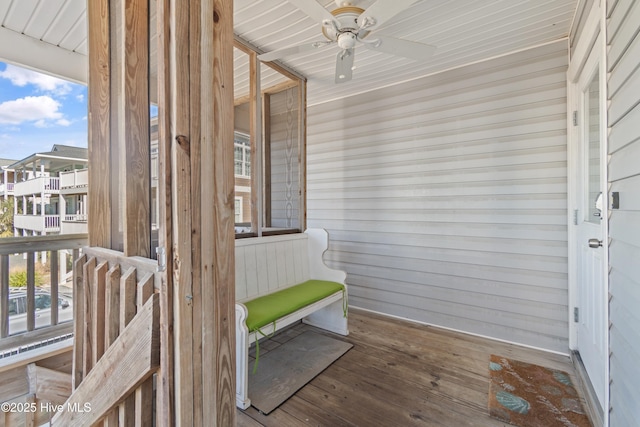 exterior space featuring a residential view and ceiling fan