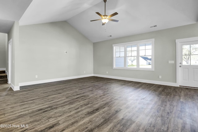 143 Talbert Dr, Rocky Point, NC 28457 - unfurnished living room with dark wood-type flooring, ceiling fan, and lofted ceiling