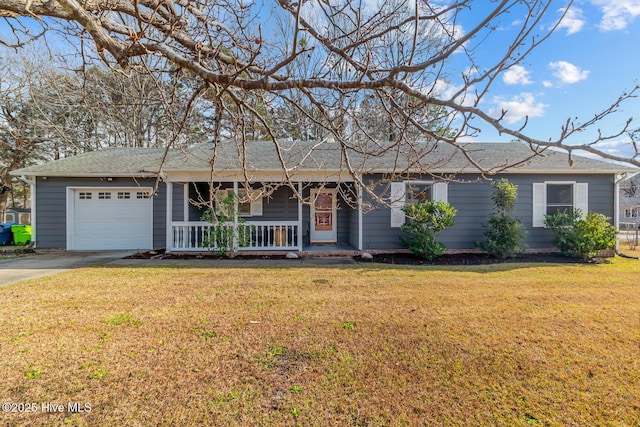 ranch-style home with a garage, a porch, and a front yard