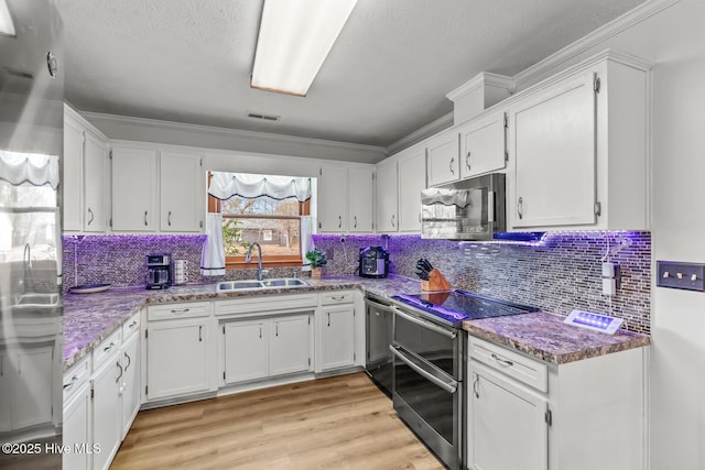 kitchen featuring sink, light hardwood / wood-style flooring, stainless steel appliances, light stone countertops, and white cabinets