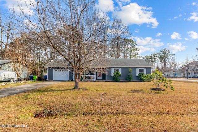 single story home with a garage and a front lawn