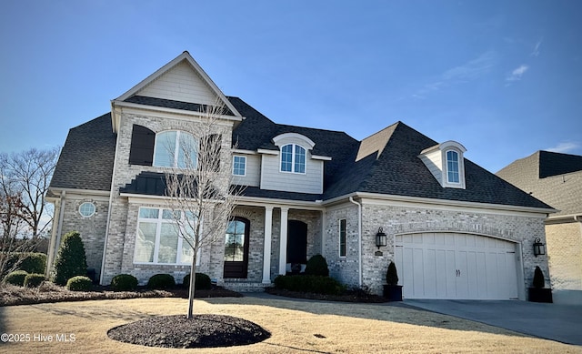 french country style house with a garage