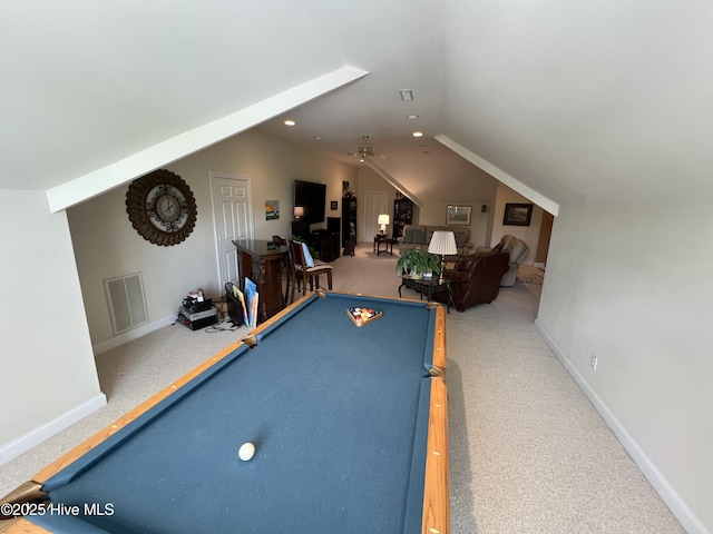 game room featuring pool table, vaulted ceiling, and carpet