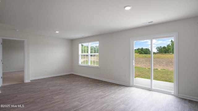 spare room featuring wood-type flooring and a healthy amount of sunlight