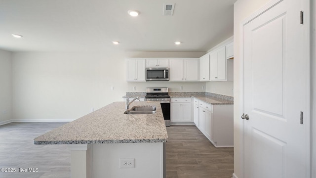 kitchen featuring white cabinetry, an island with sink, stainless steel appliances, and sink