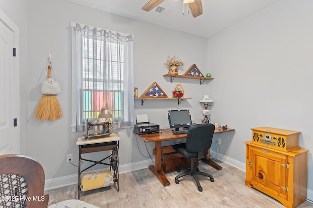 office space with a ceiling fan, visible vents, light wood-style floors, and baseboards