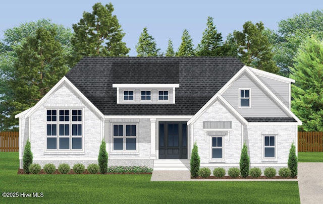 view of front facade featuring brick siding, fence, a front lawn, and roof with shingles