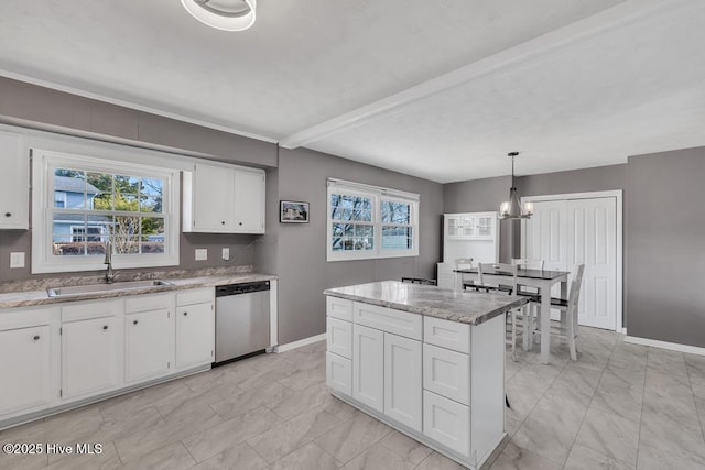 kitchen featuring sink, stainless steel dishwasher, hanging light fixtures, and white cabinets