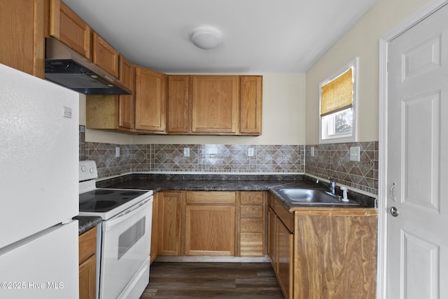 kitchen featuring tasteful backsplash, sink, dark wood-type flooring, and white appliances