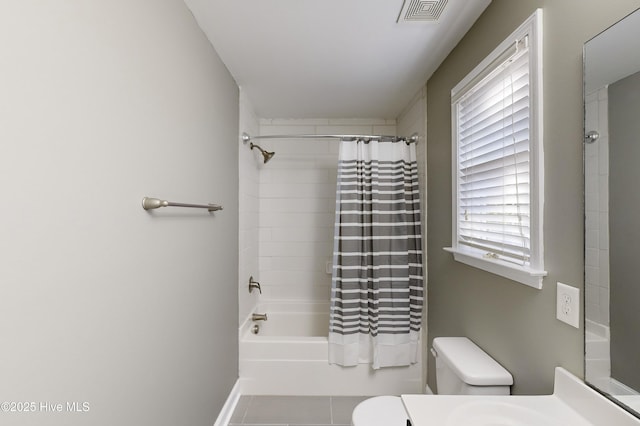 full bathroom with vanity, tile patterned flooring, toilet, and shower / bath combo