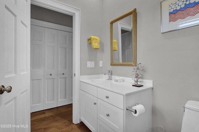 bathroom featuring vanity, toilet, and wood-type flooring