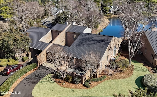 aerial view featuring a water view