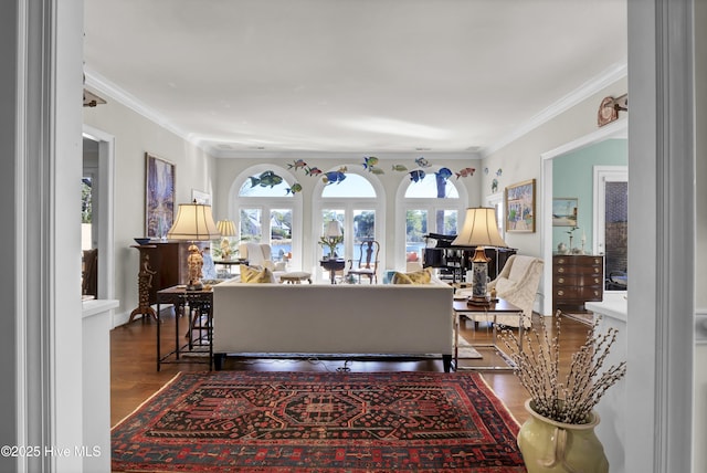 living room featuring wood-type flooring and ornamental molding