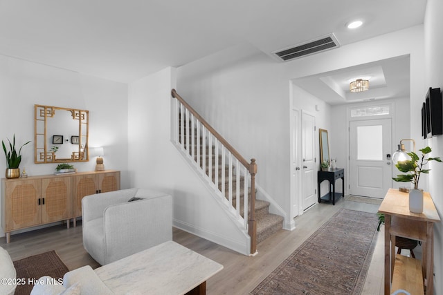 foyer entrance featuring a raised ceiling and wood-type flooring