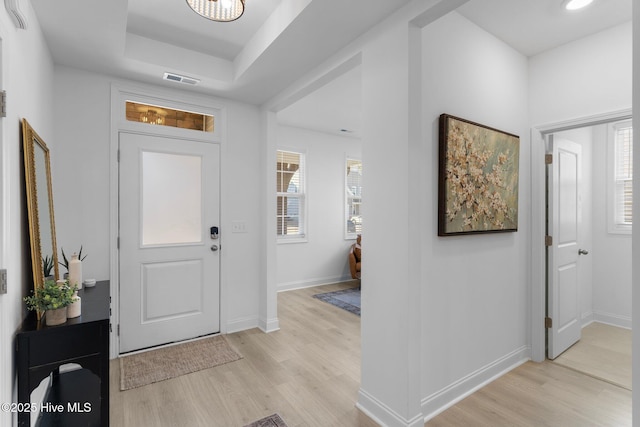 foyer entrance featuring a tray ceiling and light hardwood / wood-style flooring