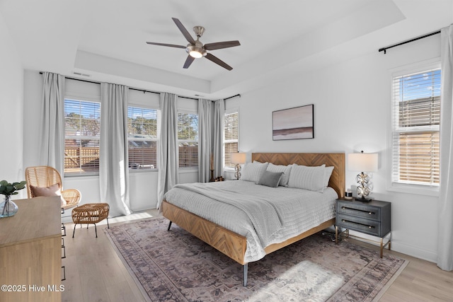 bedroom with multiple windows, light hardwood / wood-style floors, and a raised ceiling