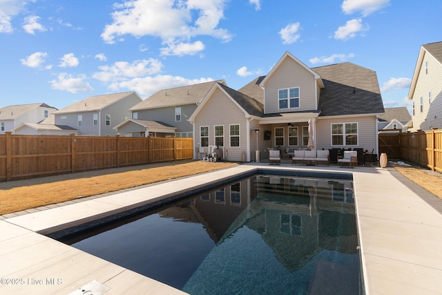 view of pool with ceiling fan, an outdoor hangout area, and a patio