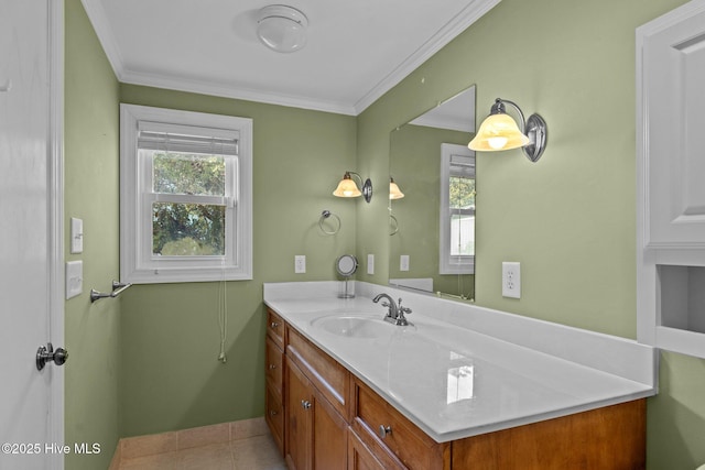 bathroom featuring tile patterned flooring, vanity, and ornamental molding