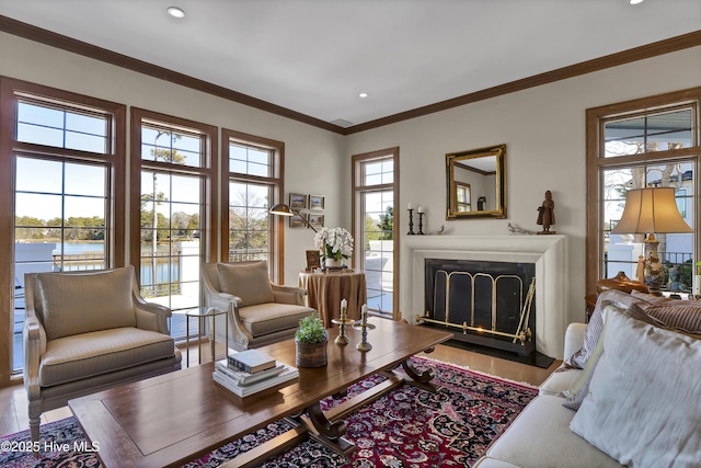 living room with a water view, wood-type flooring, and crown molding