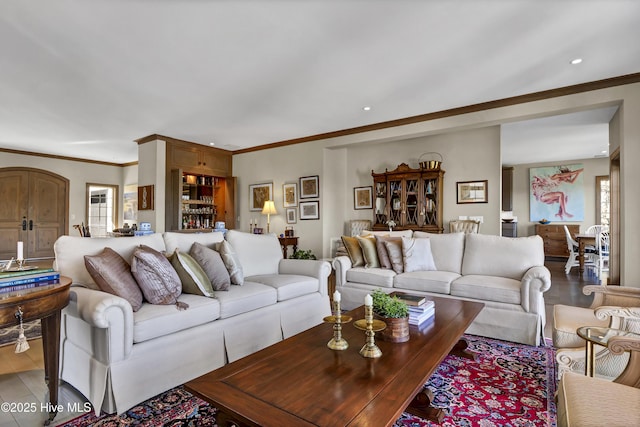 living room featuring ornamental molding