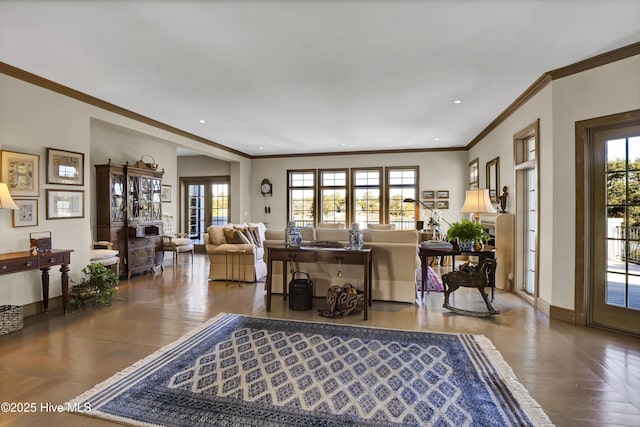 living room with hardwood / wood-style floors and crown molding