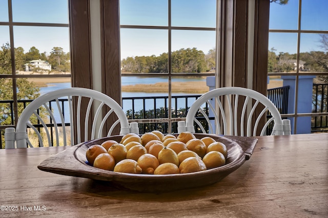 interior space featuring a water view