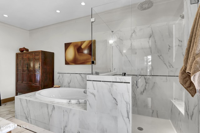 bathroom featuring plus walk in shower and crown molding