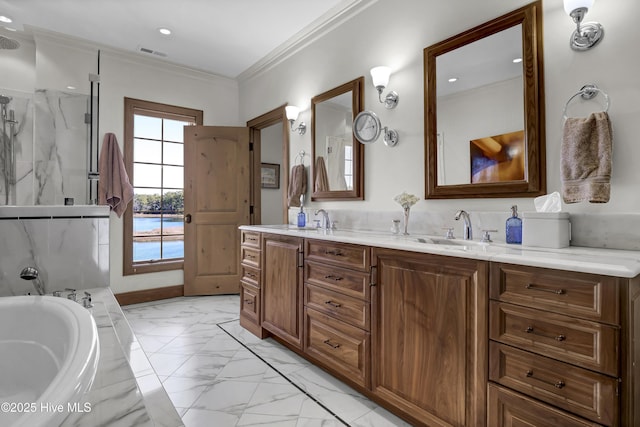 bathroom with ornamental molding, vanity, and plus walk in shower