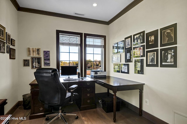 office with hardwood / wood-style flooring and crown molding