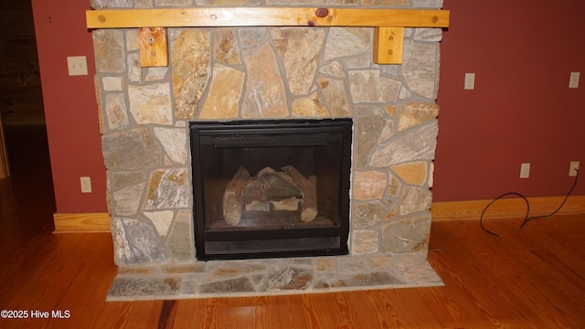 details featuring a stone fireplace and wood-type flooring