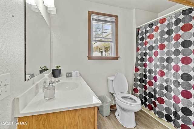 bathroom with vanity, hardwood / wood-style flooring, and toilet