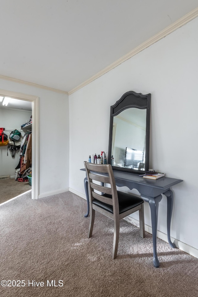 carpeted office with crown molding