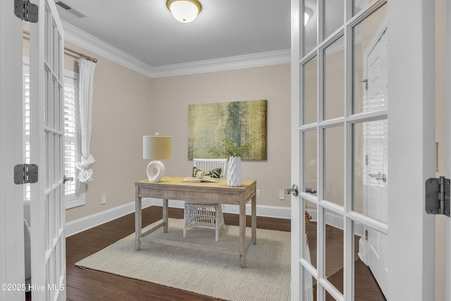 office area with ornamental molding, dark hardwood / wood-style floors, and french doors