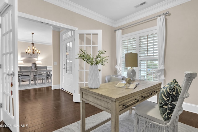 office with crown molding, dark hardwood / wood-style floors, and an inviting chandelier