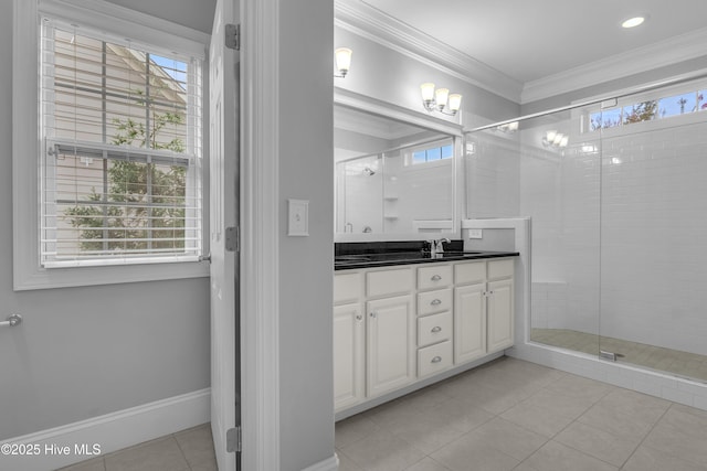 bathroom with an enclosed shower, ornamental molding, tile patterned flooring, and vanity